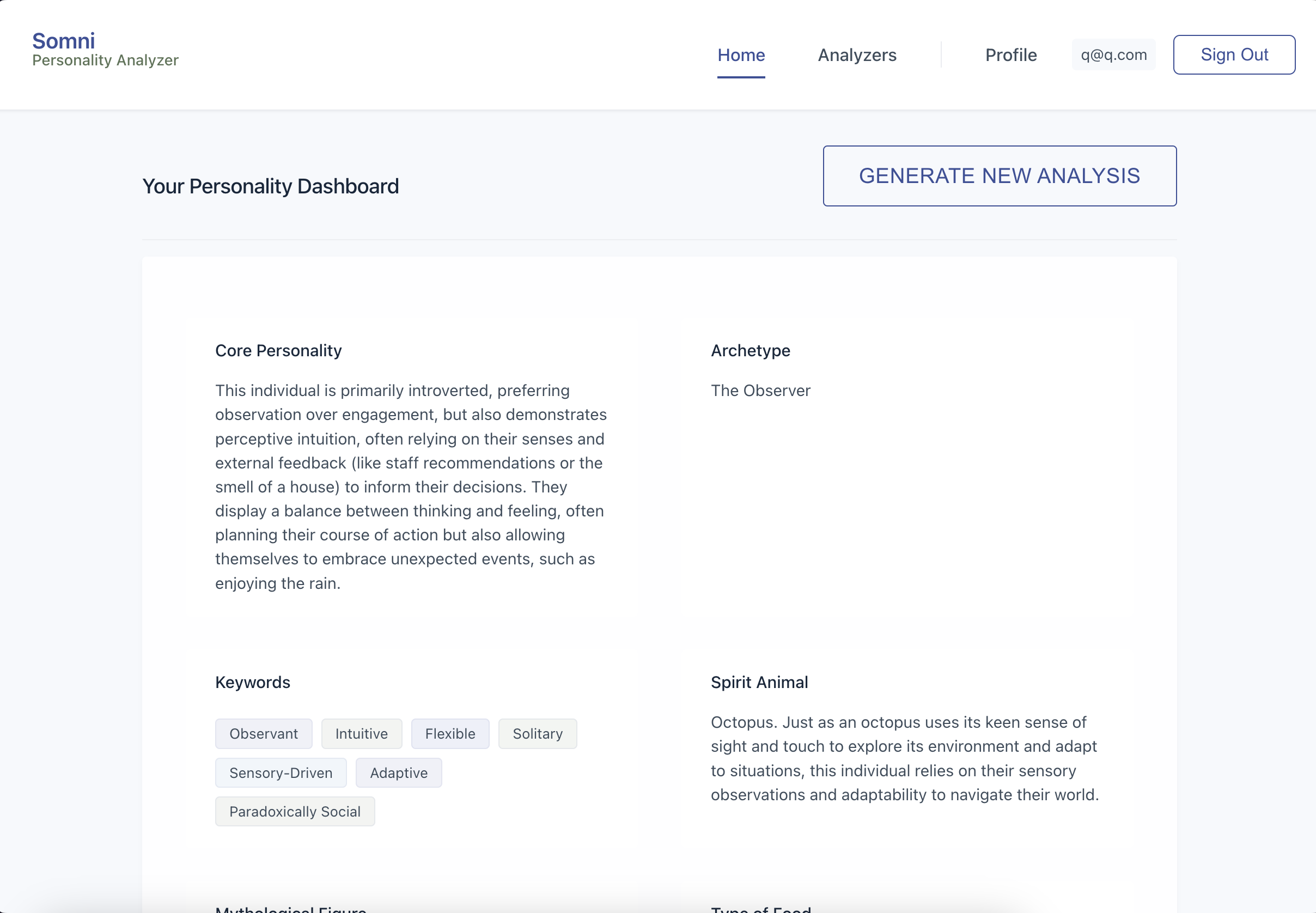 Screenshot of the Somni personality quiz application